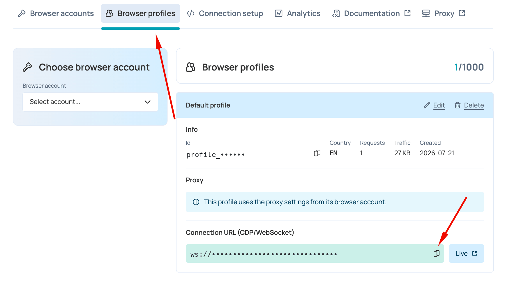 Копирование CDP URL на вкладке Browser profiles