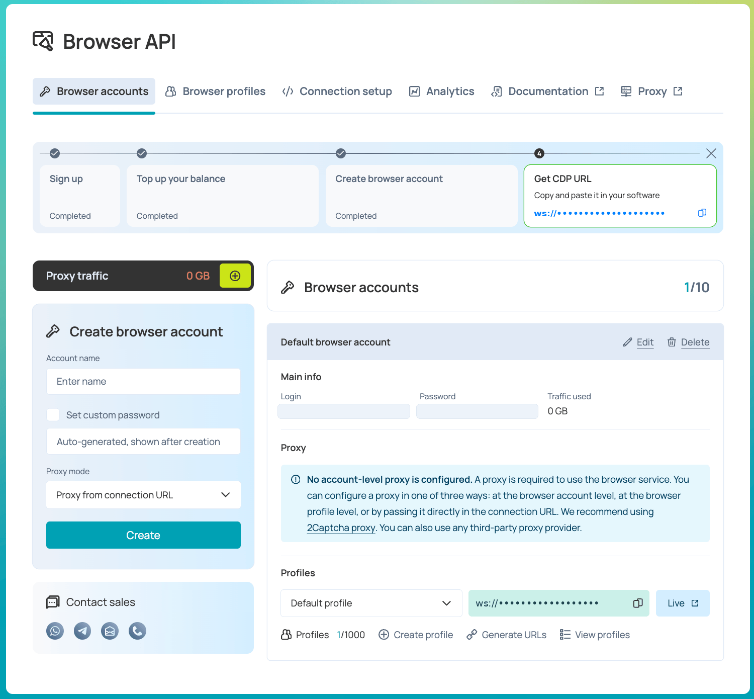 Browser API Dashboard с демонстрационным аккаунтом и готовым CDP URL