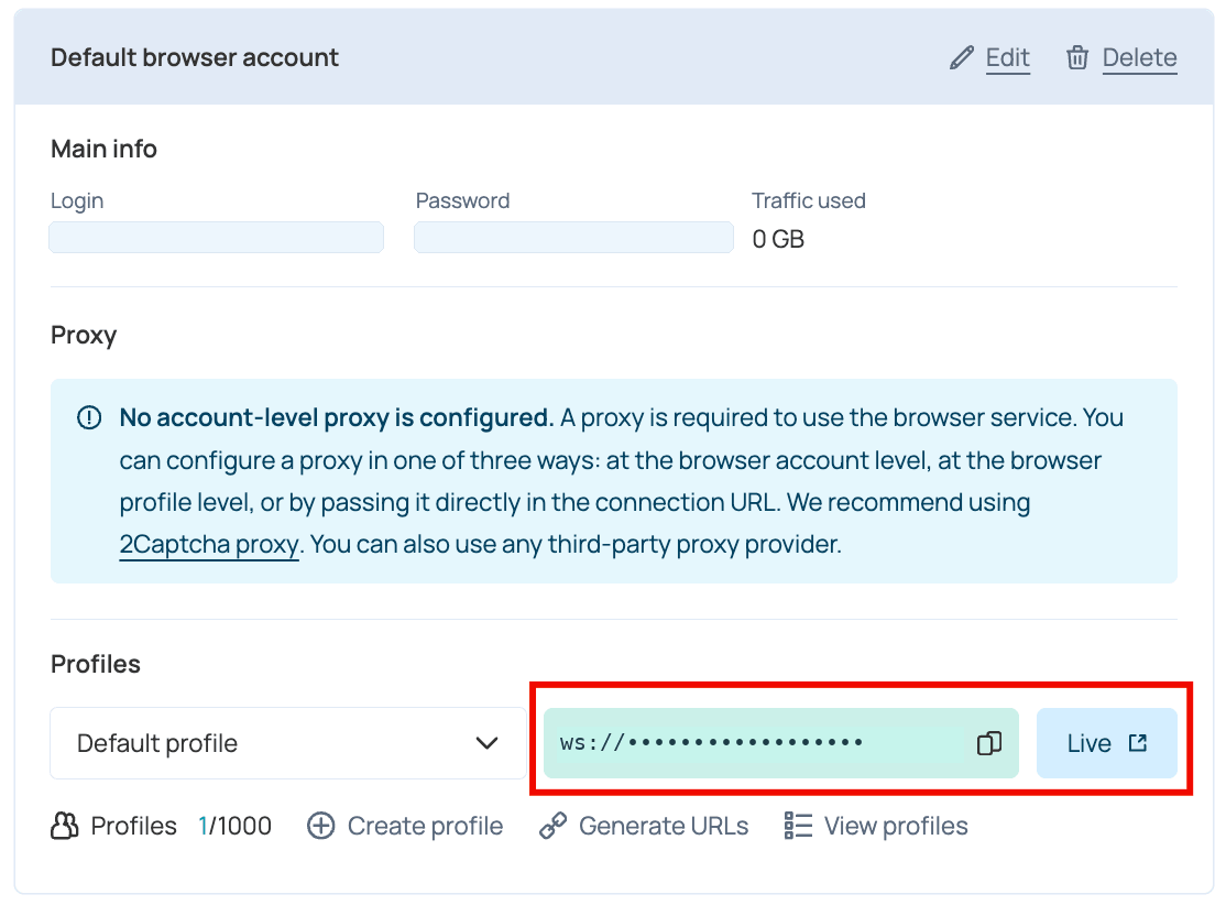Карточка демонстрационного аккаунта с Default profile и кнопкой Live