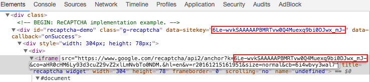 Найдите параметр 'data-sitekey'